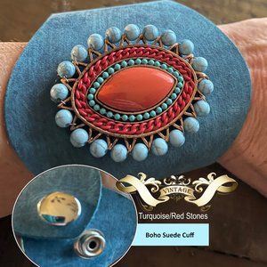 Vintage Leather Suede Boho Teal Cuff